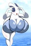  absurd_res anthro beach big_breasts blush breasts eyes_closed female hi_res huge_breasts leaning leaning_forward legendary_pok&eacute;mon lugia miawmiaw72 nintendo pok&eacute;mon pok&eacute;mon_(species) seaside simple_background solo video_games water 