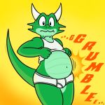  1:1 anthro big_stomach blush briefs clothed clothing clothing_lift dragon green_body green_skin horn male navel nishi rumbling_stomach shirt shirt_lift simple_background solo sound_effects tank_top teeth_showing tighty_whities topwear underwear white_clothing white_shirt white_topwear white_underwear yellow_background 