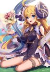  2girls bare_shoulders blonde_hair blue_eyes breasts cleavage cygames dragalia_lost gonzarez hair_ornament highres holding jewelry long_hair looking_at_viewer multiple_girls nintendo notte_(dragalia_lost) open_mouth ring smile solo zethia 