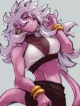  1girl alternate_costume android_21 breasts dragon_ball dragon_ball_fighterz earrings grey_background hoop_earrings jewelry long_hair looking_at_viewer majin_android_21 medium_breasts midriff navel pink_skin pointy_ears red_eyes simple_background solo tail white_hair 