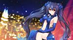  1girl artist_name bangs bare_shoulders binato_lulu black_hair blue_dress blue_gloves blurry blurry_background blush breasts commentary commission curtains dress elbow_gloves eyebrows_visible_through_hair gloves hair_between_eyes hair_ribbon hand_in_hair jewelry long_hair looking_at_viewer medium_breasts navel necklace neptune_(series) night night_sky noire red_eyes ribbon sidelocks sitting sky sleeveless sleeveless_dress smile solo twintails very_long_hair 