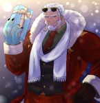  1boy aegir_(tokyo_houkago_summoners) alternate_costume anchor_earrings aqua_hair bara beard black_vest blue_eyes blush brown_gloves christmas collared_shirt earrings eyewear_on_head facial_hair fins fur-trimmed_jacket fur_trim gift gloves green_shirt hand_on_hip highres hiota_(kuhi_0301) holding holding_gift jacket jewelry male_focus multicolored_hair muscle necktie open_clothes open_jacket pants pectorals red_jacket red_neckwear red_pants santa_costume scarf shirt short_hair single_earring snowing solo streaked_hair thick_eyebrows tokyo_houkago_summoners upper_body vest white_hair white_scarf 
