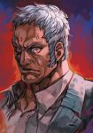  1boy blue_eyes closed_mouth curly_hair dark_skin dark_skinned_male forehead_jewel formal grey_suit hungry_clicker looking_at_viewer male_focus manly muscle red_eyes shirt sideburns simple_background solo street_fighter street_fighter_v suit upper_body urien white_hair white_shirt 