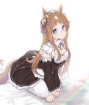  1girl alternate_costume animal_ears apron blue_eyes blush breasts brown_hair cleavage detached_sleeves dolbydig enmaided grass_wonder highres horse_ears horse_girl horse_tail kneeling long_hair looking_at_viewer maid maid_apron maid_headdress medium_breasts open_mouth pantyhose sidelocks simple_background solo tail umamusume white_background white_legwear 
