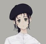  1girl artist_painter bangs beret black_eyes black_hair black_headwear closed_mouth collared_shirt commentary_request dress_shirt earrings grey_background hat highres jewelry long_hair looking_at_viewer original shirt simple_background solo tsurara_eeri upper_body white_shirt 