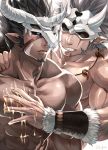  2boys abs bara black_tribe bracer collarbone dark_skin dark_skinned_male eyepatch facial_hair goatee grabbing grin highres horned_mask liquid magatama magatama_necklace male_focus mask multiple_boys muscle pectoral_grab pectorals shirtless short_hair sideburns skull_mask sky_(sora_no_gomibako) smile spiked_hair teeth tokyo_houkago_summoners yaoi 