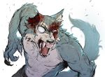 angry anthro beastars blood bodily_fluids bottomwear canid canine canis claws clothed clothing fangs kmwolfkm legoshi_(beastars) male mammal missing_ear muscular muscular_anthro muscular_male open_mouth pants scar solo spoiler topless wolf wounded 