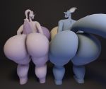  3d_(artwork) anthro big_breasts big_butt blue_body breasts butt darkdraketom digital_media_(artwork) duo female goodra hi_res huge_thighs looking_at_butt nidoqueen nintendo pok&eacute;mon pok&eacute;mon_(species) purple_body simple_background squish thick_thighs thigh_squish video_games 