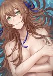  1girl bare_shoulders blush bow breasts brown_hair cleavage covering covering_breasts eyebrows_visible_through_hair girls_frontline green_eyes hair_bow hair_ribbon highres long_hair looking_at_viewer lying m1903_springfield_(girls_frontline) medium_breasts naked_shirt no_bra no_swimsuit on_back open_mouth ribbon selcky shirt smile solo water 