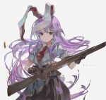  1girl animal_ears artist_name bangs black_skirt blouse brown_gloves bunny_ears bunny_tail closed_mouth collared_blouse commentary_request floating_hair gloves gun highres holding holding_gun holding_weapon light_purple_hair long_hair looking_at_viewer necktie red_eyes red_neckwear reisen_udongein_inaba reloading rifle shell_casing shihou_(g-o-s) short_sleeves skirt solo tail touhou very_long_hair weapon weapon_request white_blouse wing_collar 
