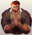  1boy bara bare_pecs beard cropped_torso facial_hair fidgeting flaming_eye hephaestus_(tokyo_houkago_summoners) highres hiota_(kuhi_0301) index_fingers_together jacket looking_at_viewer male_focus muscle nervous open_clothes open_jacket pectorals red_eyes scar scar_on_arm scar_on_chest short_hair solo tearing_up thick_eyebrows tokyo_houkago_summoners 