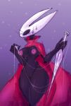  2020 anthro arthropod big_breasts black_body blush bodily_fluids breasts clothing digital_media_(artwork) female genitals hi_res hollow_knight hornet_(hollow_knight) insect mostly_nude nipples non-mammal_breasts pussy saviottt simple_background solo standing string sweat team_cherry vessel_(species) video_games weapon 