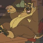  1:1 2020 alcohol bearinbriefs beverage black_nose blazer brown_body brown_fur canid canine canis chair chest_tuft claws clothed clothing crows_feet disney domestic_dog ducktales ducktales_(2017) feet_on_table fluffy fluffy_tail fur furniture german_shepherd grey_hair hair half-closed_eyes hand_behind_back hat headgear headwear herding_dog hi_res holding_beverage holding_object leaning leaning_back looking_at_viewer lounging male mammal mature_male narrowed_eyes open_mouth overweight overweight_male pastoral_dog pawpads pot_(disambiguation) sitting smile solo spice_baron suit teeth tuft 