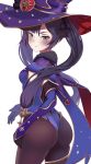  1girl :t absurdres aqua_eyes ass black_legwear blue_headwear blue_leotard blush breasts cape choker from_side fur_trim genshin_impact gloves hair_ornament hair_ribbon half-closed_eyes hat hh_101 highres leotard looking_at_viewer mona_(genshin_impact) pout purple_hair ribbon simple_background solo twintails white_background witch_hat 