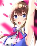  1girl armpits bangs blue_eyes bow brown_hair close-up eyebrows_visible_through_hair furai_sen hair_bow headset highres hololive idol idol_clothes looking_ahead music open_mouth petals pink_bow singing solo tokino_sora 