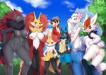  2020 anthro blue_body blue_eyes blue_fur blush braixen breasts butt canid canine cinderace claws clothed clothing delphox detailed_background female female_focus front_view fur genitals grey_body grey_fur group human lagomorph looking_at_viewer lucario male mammal multicolored_body multicolored_fur navel nintendo nipples pok&eacute;mon pok&eacute;mon_(species) primarina pussy red_body red_eyes red_fur size_difference smile standing victor_(pok&eacute;mon) video_games white_body white_fur wolflong yellow_body yellow_fur zoroark 
