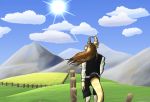 anthro bjorn_(makaronnie) black_clothing blue_sky bottomwear brown_hair cel_shading claws clothing cloud dragon fence grass hair hi_res horn long_hair makaronnie male mountain norwegian_forktail rear_view ringtail scalie scenery shaded shorts sky solo standing suit sun wind yellow_body 