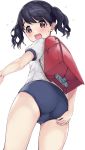  1girl :d absurdres ass backpack bag black_hair blue_buruma blush buruma eyebrows_visible_through_hair fukumaru_koito gym_uniform highres idolmaster idolmaster_shiny_colors kuroba_aki looking_at_viewer looking_to_the_side open_mouth randoseru short_twintails simple_background smile solo standing sweatdrop thighs twintails white_background 