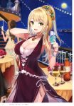  1girl absurdres artist_name bangs blonde_hair blush breasts cleavage cup dress eyebrows_visible_through_hair green_eyes hanakanzarashi highres holding jewelry long_hair looking_at_viewer medium_breasts melonbooks night night_sky page_number scan shiny shiny_hair simple_background sky 