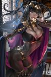 1girl armor artist_name ass banned_artist black_hair black_nails blue_fire bodystocking book bracelet breasts cape circlet cleavage eyeshadow fire fire_emblem fire_emblem_awakening holding holding_book jewelry large_breasts lips lipstick long_hair looking_at_viewer makeup purple_eyes rouge_(makeup) see-through shoulder_armor signature solo tharja_(fire_emblem) twintails twisted_torso veins veiny_breasts watermark zumi_(zumidraws) 