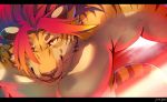  1boy animal_ears bara bare_pecs character_request close-up fighting_stance furry gradient_hair looking_at_viewer male_focus multicolored_hair muscle one_eye_covered orange_fur pectorals red_eyes red_hair short_hair sky_(sora_no_gomibako) solo tiger_boy tiger_ears tiger_stripes tokyo_houkago_summoners upper_body whiskers 