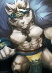  1boy abs animal_ears bara bare_pecs bulge chest_hair contrapposto furry grey_fur grey_hair headband highres horkeu_kamui_(tokyo_houkago_summoners) jacket jacket_on_shoulders looking_at_viewer male_focus multicolored_hair muscle navel nipples pectorals pelvic_curtain revealing_clothes short_hair silver_hair sky_(sora_no_gomibako) solo tokyo_houkago_summoners two-tone_fur white_fur wolf_boy wolf_ears yellow_eyes 