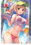  1girl absurdres alcohol artist_name bangs bare_shoulders beer beer_mug bikini blue_sky blush breasts cloud cloudy_sky cup day drinking_straw dual_wielding eyebrows_visible_through_hair food green_eyes hair_ornament hairclip highres holding indoors light_brown_hair long_hair looking_at_viewer medium_breasts mug navel ocean open_mouth original page_number ponytail scan see-through shiny shiny_hair simple_background sky smile solo sparkle stomach striped striped_bikini sun sunlight swimsuit tied_hair tray u_rin visor_cap 
