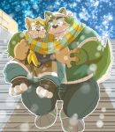  2020 anthro blush bottomwear canid canine canis clothing cute_fangs domestic_dog duo hand_holding hi_res hottophoto kemono live-a-hero male male/male mammal mokdai outside overweight overweight_male pants procy scarf shirt sitting snow snowing topwear video_games winter 
