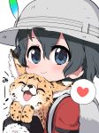  1girl animal backpack bag black_gloves black_hair blue_eyes blush cat close-up commentary_request eyebrows_visible_through_hair gloves hat_feather heart helmet highres holding holding_animal holding_cat kaban_(kemono_friends) kemono_friends pith_helmet ransusan red_shirt serval shirt short_hair short_sleeves solo spoken_heart t-shirt 