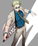  1boy bad_id bad_twitter_id belt blonde_hair blue_shirt brown_belt brown_jacket brown_necktie brown_pants brown_suit closed_mouth collared_shirt dress_shirt feet_out_of_frame formal grey_background holding holding_sword holding_weapon jacket jujutsu_kaisen long_sleeves male_focus nanami_kento necktie outstretched_arms pants round_eyewear shirt short_hair simple_background solo standing suit sunglasses suspenders sword two-tone_background weapon white_background yo_korasho 