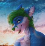  2020 alenkavoxis anthro blue_body blue_eyes blue_fur canid canine day detailed_background digital_media_(artwork) fur green_hair hair hi_res male mammal open_mouth outside sky smile solo teeth tongue 