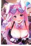  1girl absurdres animal_ears artist_name bangs blurry blurry_background blush breasts bunny_ears cleavage earrings eyebrows_visible_through_hair eyewear_on_head fake_animal_ears highres jewelry leaning_forward long_hair looking_at_viewer medium_breasts melonbooks page_number rouka_(akatyann) scan shiny shiny_hair simple_background v 