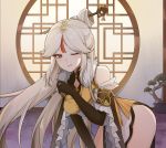  1girl ;d bangs bare_shoulders bent_over bonsai china_dress chinese_clothes dress elbow_gloves frilled_sleeves frills genshin_impact gloves hair_ornament highres long_hair looking_at_viewer mugripley ningguang one_eye_closed open_mouth parted_bangs red_eyes smile solo white_hair 