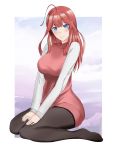 1girl absurdres ahoge blue_eyes blush breasts evalence hair_ornament hairclip head_tilt highres large_breasts long_hair looking_at_viewer md5_mismatch nakano_itsuki red_hair red_vest resolution_mismatch shirt smile source_smaller sweater thighhighs thighs vest white_shirt 
