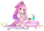  1girl blush bracelet candy_hair_ornament chocomarybadend crescent_necklace crown detached_sleeves dress food food_themed_hair_ornament frilled_dress frilled_legwear frilled_skirt frills full_body gradient_hair green_eyes hair_ornament hair_rings heterochromia high_heels himemori_luna holding holding_food hololive jewelry long_hair looking_at_viewer mini_crown miniskirt mismatched_legwear multicolored_hair necklace one_side_up open_mouth pendant pink_dress pink_hair pink_skirt pleated_skirt princess puffy_short_sleeves puffy_sleeves purple_eyes shoes short_dress short_sleeves simple_background sitting skirt sleeveless sleeveless_dress smile solo spaghetti_strap star_(symbol) star_necklace striped striped_legwear takoyaki thighhighs upper_teeth vertical-striped_legwear vertical_stripes virtual_youtuber wariza wavy_hair white_background white_sleeves 
