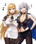  2girls azur_lane black_choker black_gloves black_legwear black_skirt blazer blonde_hair blue_eyes breast_hold breasts choker cleavage cross cross_necklace earrings eyebrows_visible_through_hair gloves hairband hand_on_hip hand_on_shoulder hand_up highres jacket jewelry large_breasts long_hair looking_at_viewer medium_hair mole mole_on_breast multiple_girls musical_note musical_note_print navel necklace nini_(gina852456) north_carolina_(azur_lane) open_mouth pantyhose silver_hair skirt uniform washington_(azur_lane) white_background white_skirt 