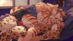  16:9 absurd_res anthro bed briefs bulge claws_out clothing cuddling duo felid fuo fur furniture hand_on_butt hi_res hug leopard lying male male/male mammal muscular muscular_anthro muscular_male on_sofa pantherine rubik&#039;s_cube sleeping tiger toplesss tupidwithouts underwear widescreen 