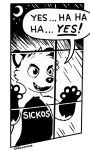  ambiguous_gender anthro black_and_white english_text humanoid monochrome moon night ohfourmouse pawpads sharp_teeth solo speech_bubble star teeth text window 