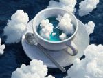  aircraft airplane artist_name blue_theme cloud commentary cup english_commentary no_humans ocean original oversized_object rhads scenery signature spoon surreal teacup very_wide_shot waves 