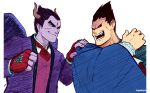  cape clothing demitri_maximoff demon devil_kazuya duo fangs gloves hand_on_shoulder handwear hi_res horn horned_humanoid humanoid male michafrar purple_body purple_skin red_eyes red_gloves smile suit vampire wings 