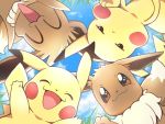  :&lt; black_eyes blush brown_eyes closed_eyes closed_mouth cloud commentary_request day eevee from_below gen_1_pokemon gotcha! grass nagi_(exsit00) no_humans open_mouth outdoors pikachu pokemon pokemon_(creature) sky smile 