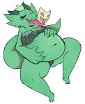  2016 after_vore alpha_channel belly big_belly breasts chompuff crown duo female green_body green_skin hand_on_stomach horn kobold kobold_princess mask overweight tongue tongue_out towergirls vore 