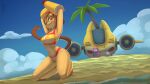 16:9 anthro beach breasts brown_hair clothing domestic_cat felid feline felis female gameoverse glitch_productions gobbles_(gameoverse) group hair hi_res kaboodle_(gameoverse) kit_bodega looking_at_viewer mammal navel nyx_whiskers one_eye_closed smile solo_focus swimwear tail trio two-piece_swimsuit whiskers widescreen wink