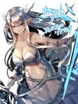  1girl bangs blue_eyes breasts cleavage commentary_request covered_navel dated detached_sleeves dress eyebrows_visible_through_hair frilled_sleeves frills hair_between_eyes holding holding_sword holding_weapon long_hair long_sleeves looking_at_viewer medium_breasts original parted_lips pointy_ears see-through silver_hair simple_background solo strapless strapless_dress sword thank_you very_long_hair weapon white_background white_dress wide_sleeves yuuji_(yukimimi) 