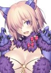  1girl animal_ears bangs bare_shoulders blush bow breasts claw_pose cleavage dangerous_beast elbow_gloves fang fate/grand_order fate_(series) fur-trimmed_gloves fur_collar fur_trim gloves hair_over_one_eye halloween_costume highres large_breasts light_purple_hair looking_at_viewer mash_kyrielight mishiro_(ixtlolton) o-ring open_mouth pink_bow purple_eyes purple_gloves revealing_clothes short_hair simple_background wavy_mouth white_background wolf_ears 