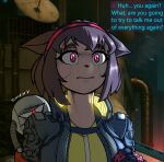 1_eye accessory anthro brown_body brown_hair cd_projekt_red clothed clothed_anthro clothing crossover cute_fangs cyberpunk cyberpunk_2077 cyberpunk_clothes domestic_cat duo english_text eyelashes fangs felid feline felis female gameoverse glitch_productions hair headband itzridden jacket kaboodle_(gameoverse) kit_bodega light lighting looking_at_another looking_offscreen machine male mammal neon_lights offscreen_character pink_eyes red_eyes robot teeth text topwear waddling_head