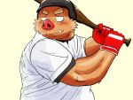  2014 4:3 anthro baseball_bat baseball_cap baseball_uniform bat_(object) blush brown_body brown_fur clothing cute_fangs fur hachisan5656 hat headgear headwear humanoid_hands kemono male mammal shirt simple_background slightly_chubby solo sportswear suid suina sus_(pig) topwear uniform wild_boar 