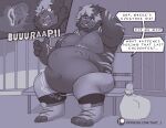 abdominal_bulge after_vore anthro bear beard belly bench big_belly burping confusion english_text facial_hair fangs felid final_fantasy final_fantasy_xiv fur giant_panda hi_res hrothgar huge_belly male male_pred mammal musclegut muscular muscular_arms navel nipples oblivious open_mouth pecs sack sitting square_enix striped_body striped_fur stripes struggling struggling_prey teeth text that_j unwilling_prey url vore waking_up