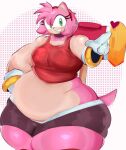 2026 accessory amy_rose anthro belly big_belly black_bottomwear black_clothing black_nose black_shorts bottomwear bracelet breasts clothing colored crop_top deep_navel digital_media_(artwork) dumbfatboy eulipotyphlan eyelashes female footwear gesture gloves gold_(metal) gold_bracelet gold_jewelry green_eyes hair hair_accessory hairband hammer hand_gesture hand_on_hip hand_on_own_hip handwear heart_symbol hedgehog hi_res huge_belly huge_hips huge_thighs jewelry looking_at_viewer mammal medium_breasts multicolored_body navel overweight overweight_anthro overweight_female piko_piko_hammer pink_body pink_ears pink_hair pink_tail pointing portrait red_clothing red_crop_top red_footwear red_hairband red_shirt red_shoes red_topwear scut_tail sega shaded shirt shoes short_tail shorts simple_background smile smiling_at_viewer solo sonic_the_hedgehog_(series) tail tan_body tan_inner_ear thick_thighs three-quarter_portrait three-quarter_view tools topwear two_tone_body white_background white_clothing white_gloves white_handwear wide_hips