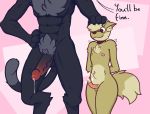  anthro balls canid chest_tuft crotch_tuft dialogue duo english_text erection faceless_character felid genitals girly hand_on_head hi_res male male/male mammal muscular muscular_male nude penis precum_drip pubes scared shaking size_difference text tinysmallman tuft 